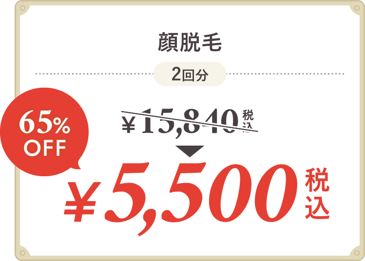 顔脱毛 お化粧ノリが格段にアップ！ 通常税込15,840円→2回で税込5,500円 65%OFF